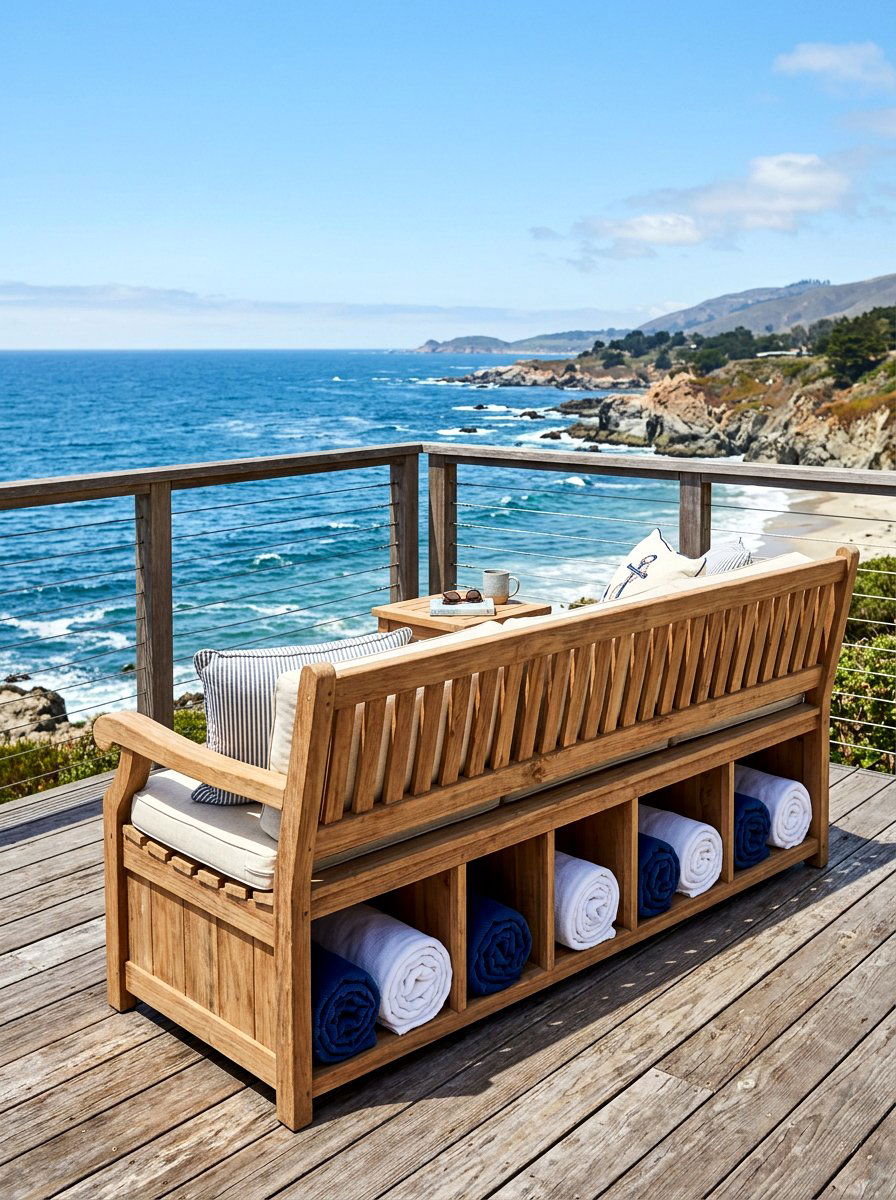 Bench with open cubbies - 30 outdoor blanket storage ideas