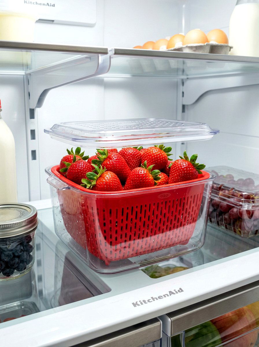 Berry washing colander bin - 30 aesthetic fridge organization ideas