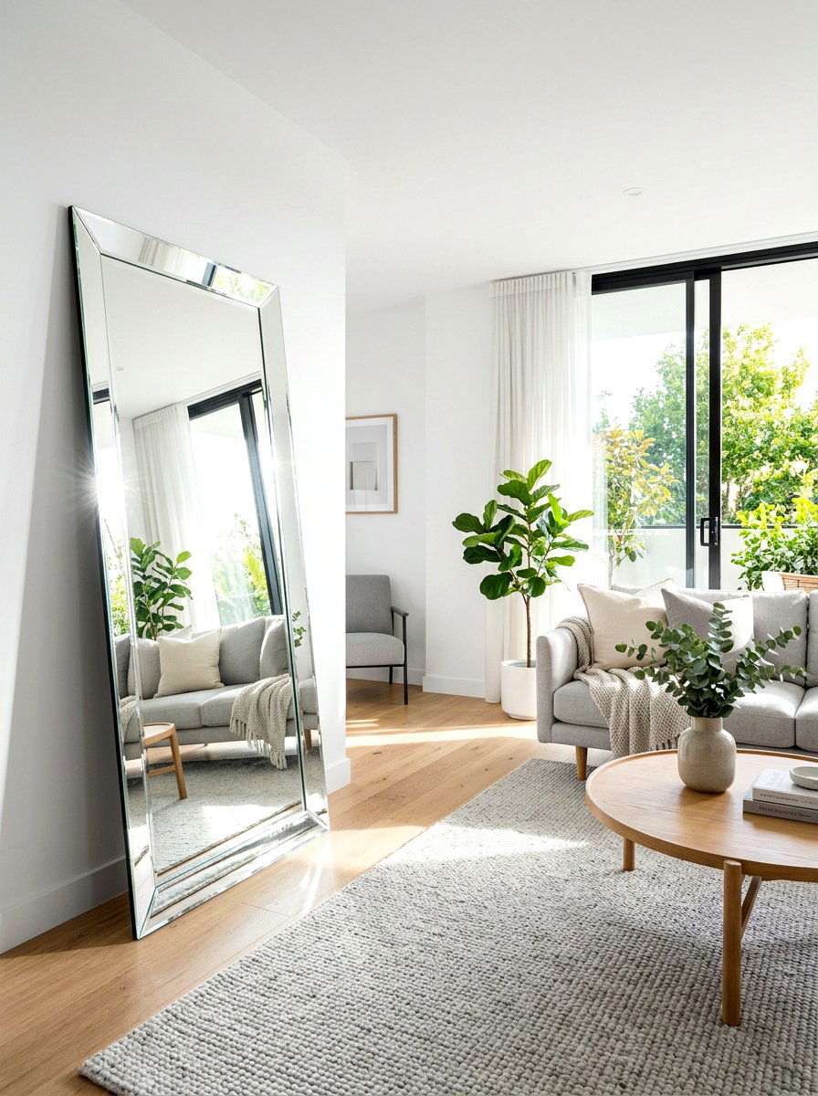 Beveled Edge Leaner Mirror - 30 statement floor mirror living room ideas
