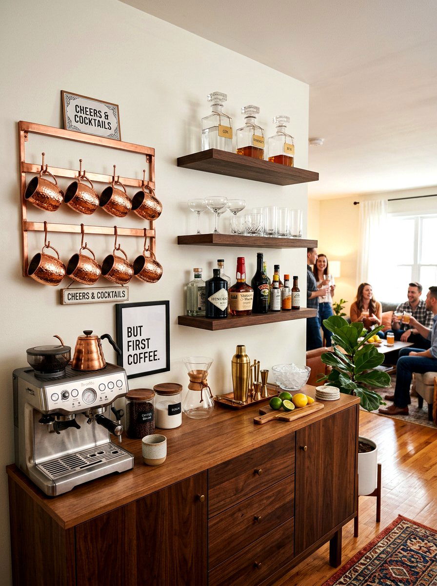 Beverage Station With Copper Mug Rack - 30 copper kitchen accent ideas