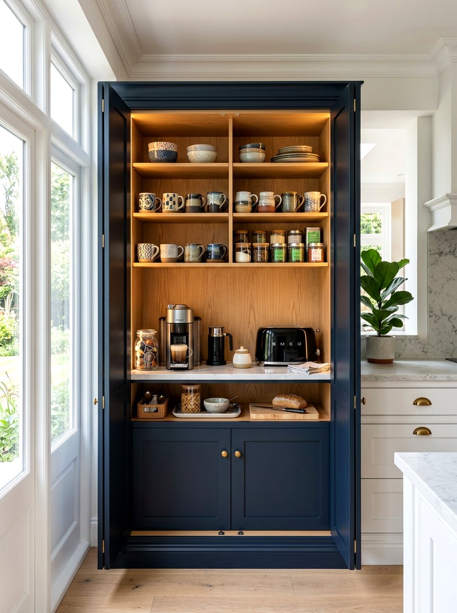 Bifold cabinet coffee bar - 30 hidden coffee pantry ideas
