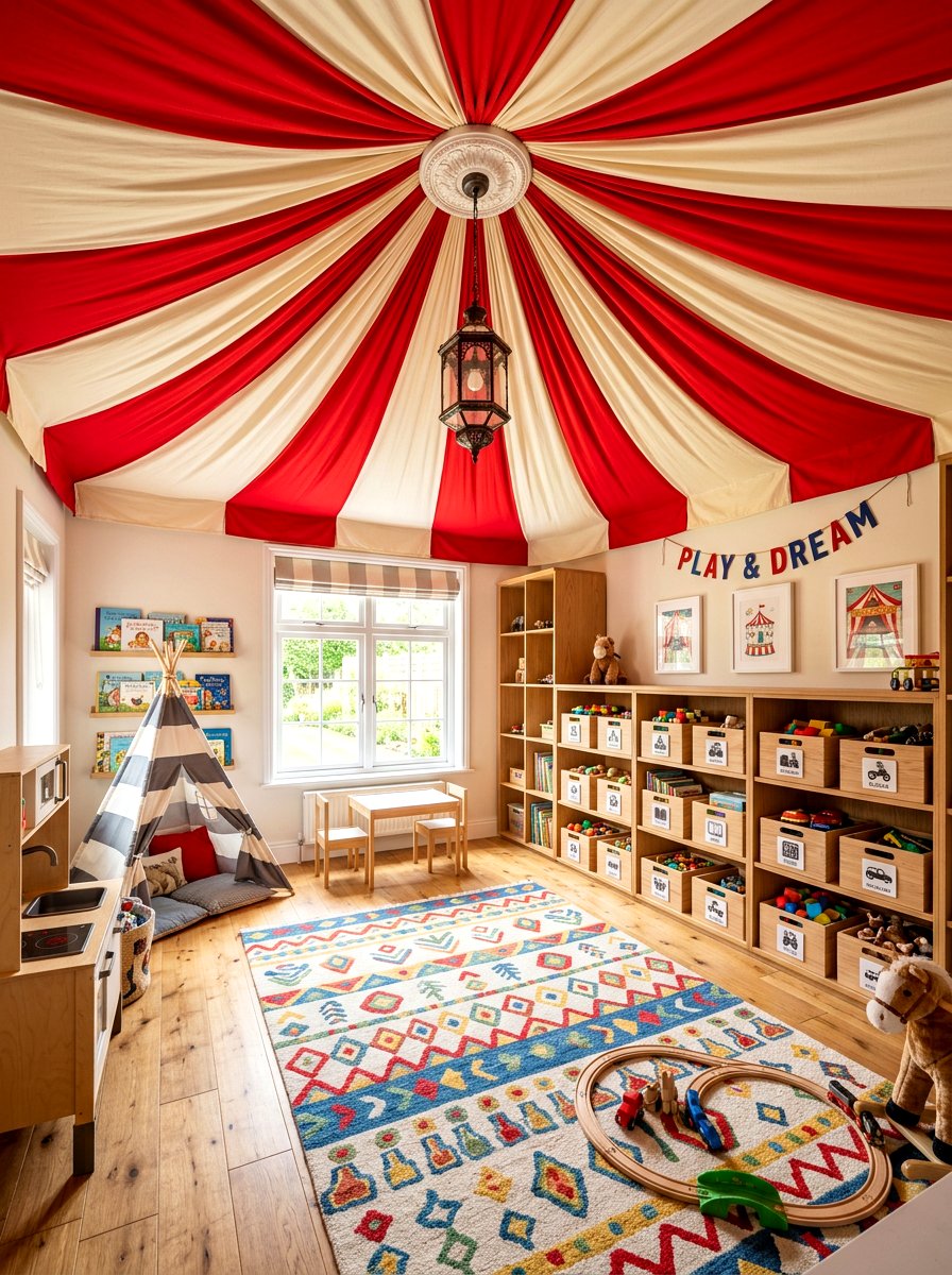 Big top ceiling drape - 30 vintage circus decor ideas