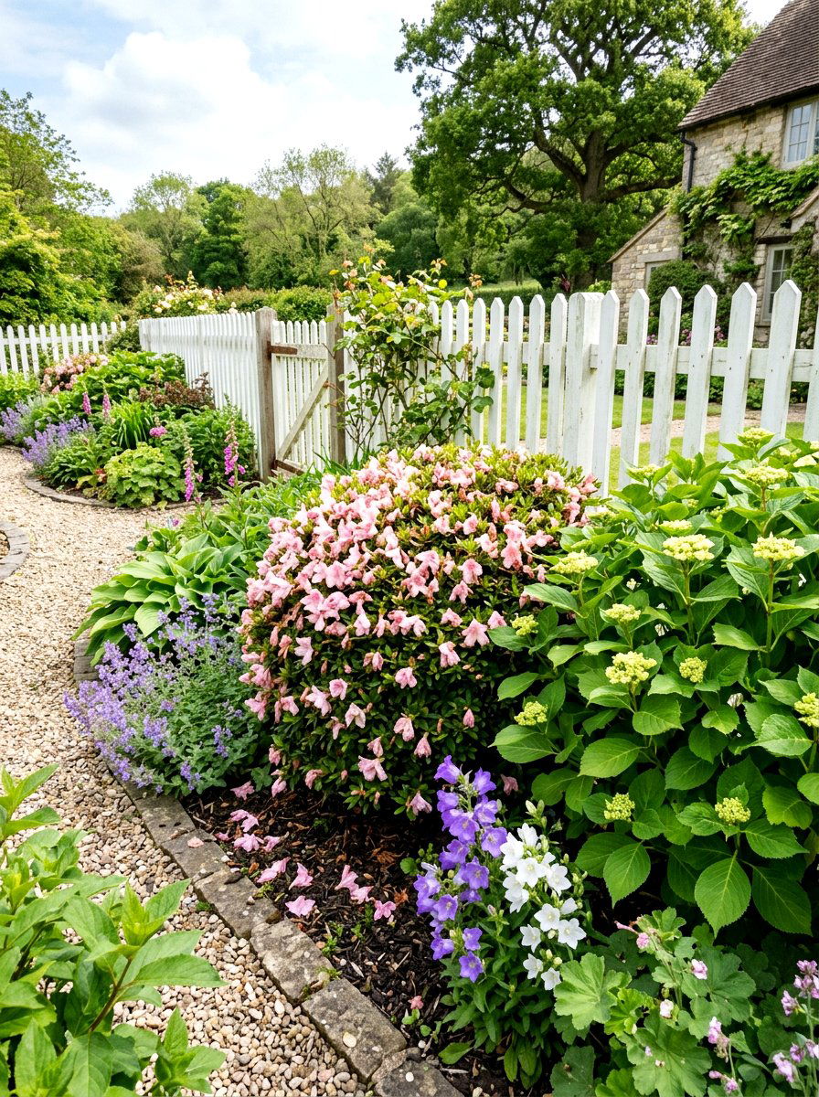 Bigleaf hydrangea and azalea garden layout - 30 evergreen and hydrangea landscape ideas