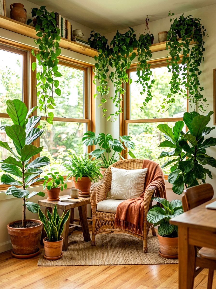 Biophilic Plant Filled Corner - 30 office reading corner ideas