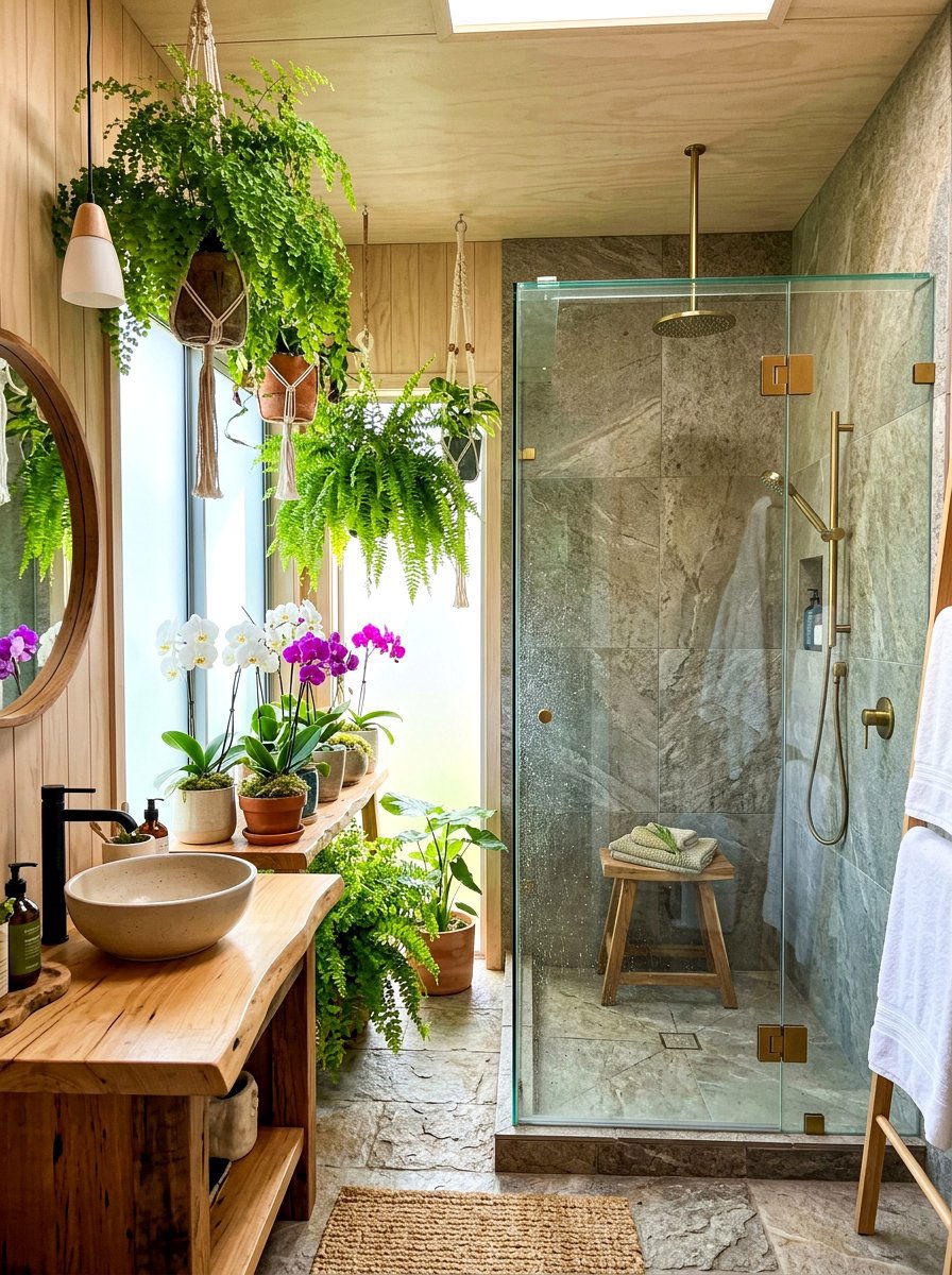 Biophilic bathroom with plants - 30 spa shower bathroom ideas