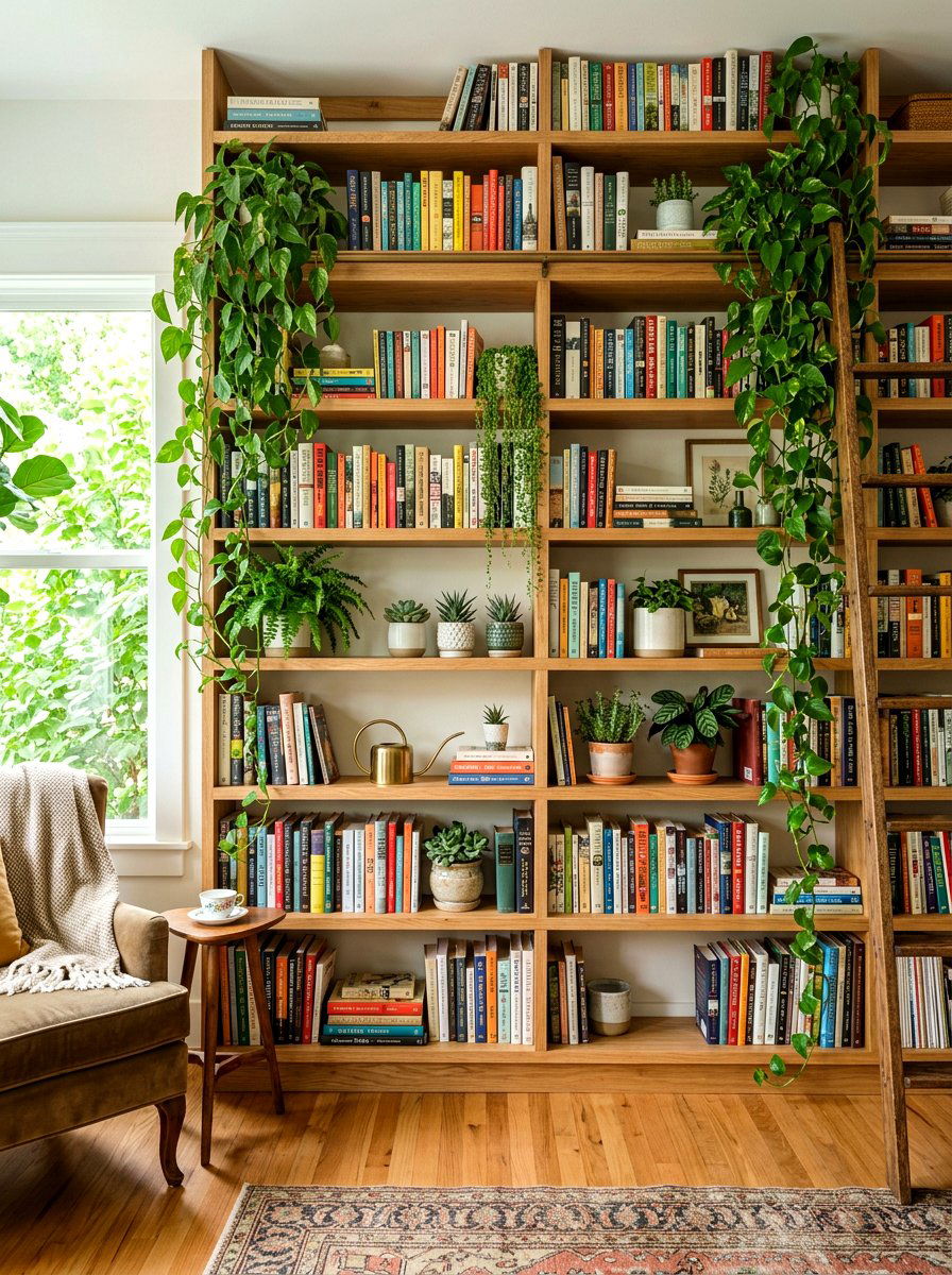 Biophilic bookshelf with plants - 30 bookshelf styling living room ideas