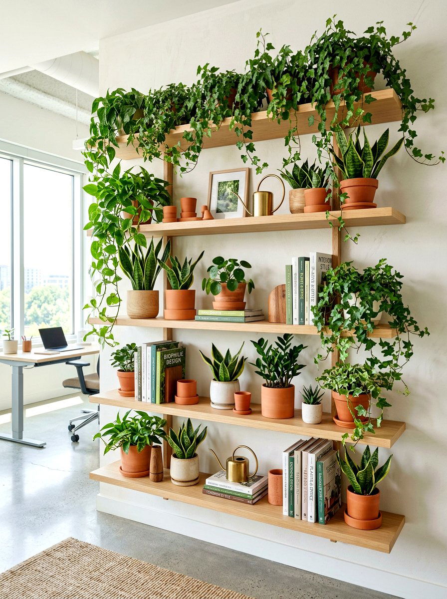 Biophilic office shelf decor - 30 office bookshelf styling ideas
