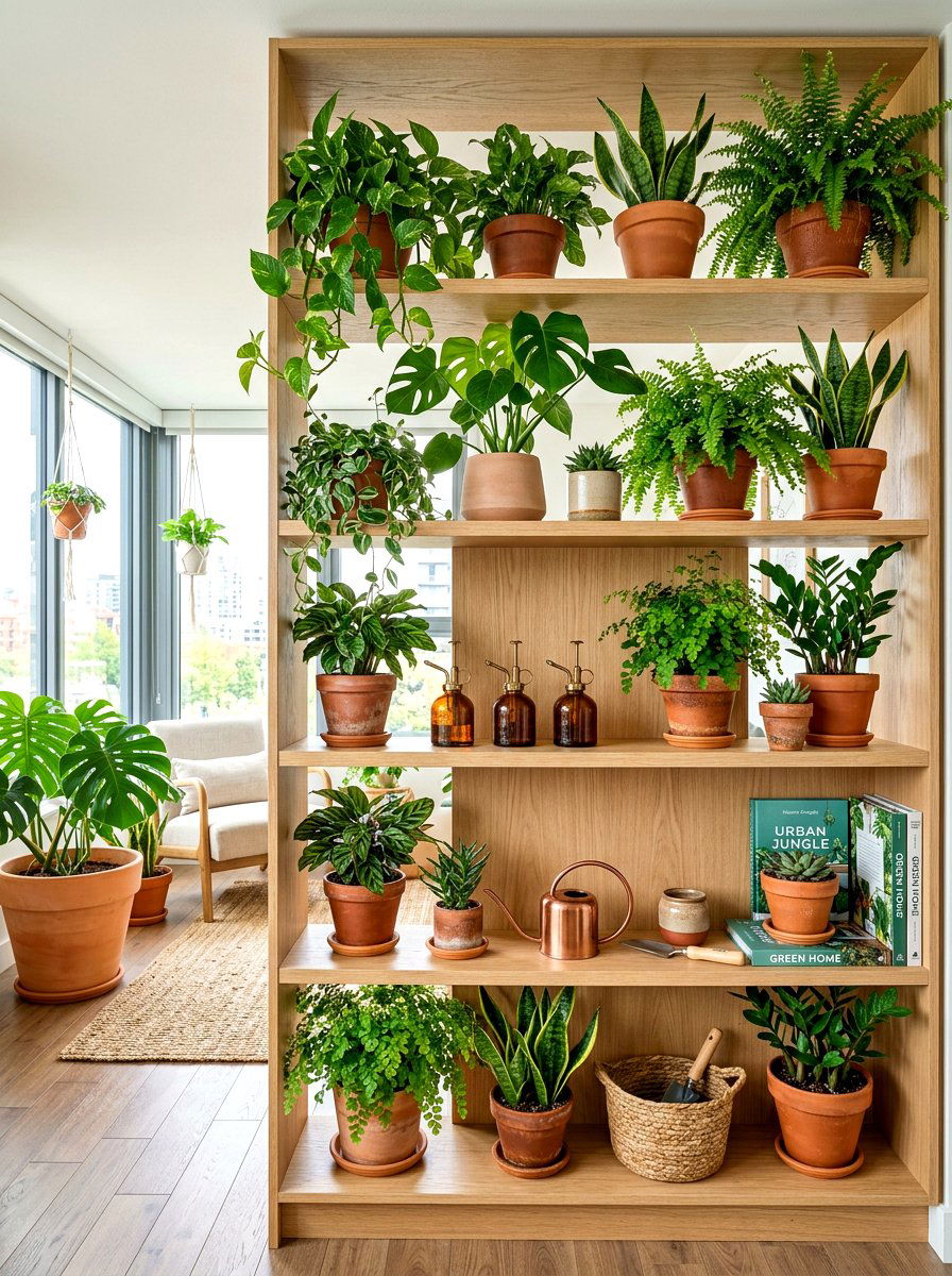 Biophilic plant shelving - 30 office shelving styling ideas
