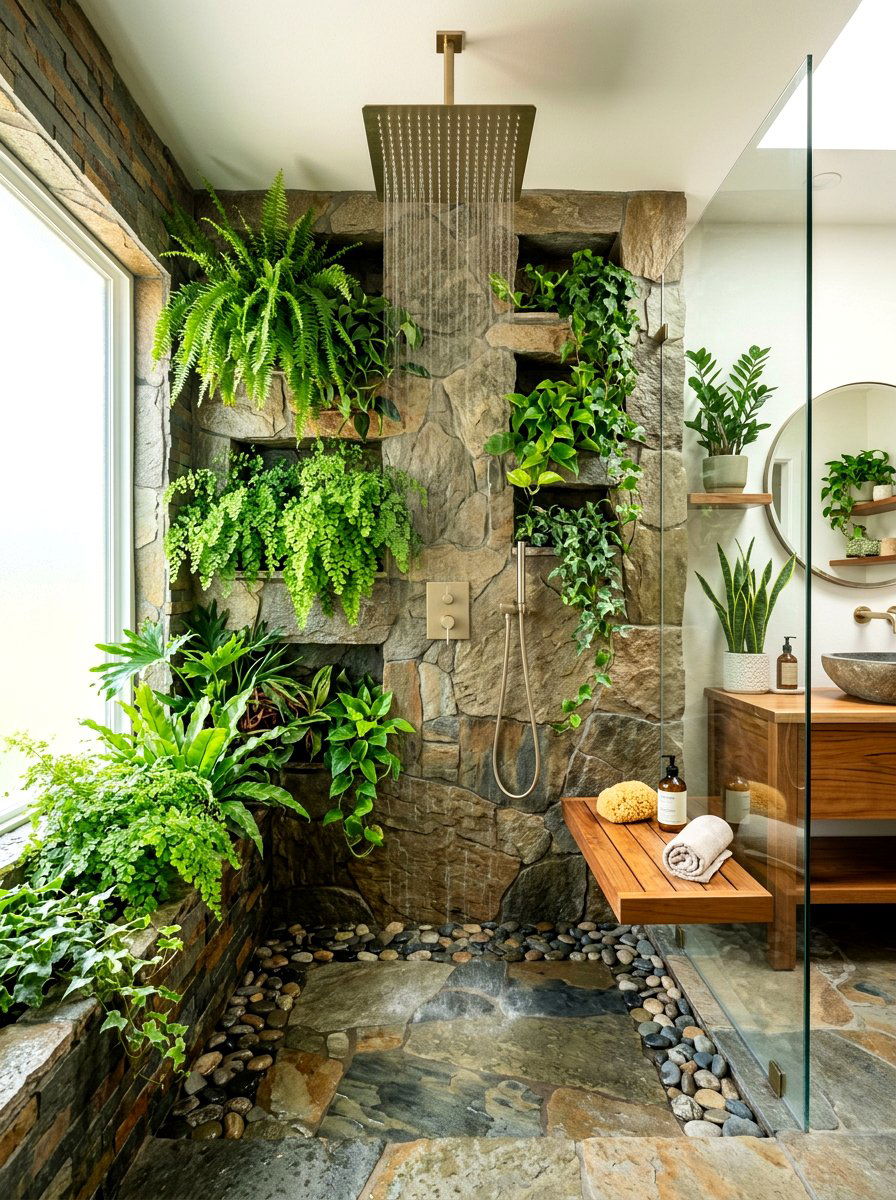 Biophilic shower with plants - 30 walk in shower ideas