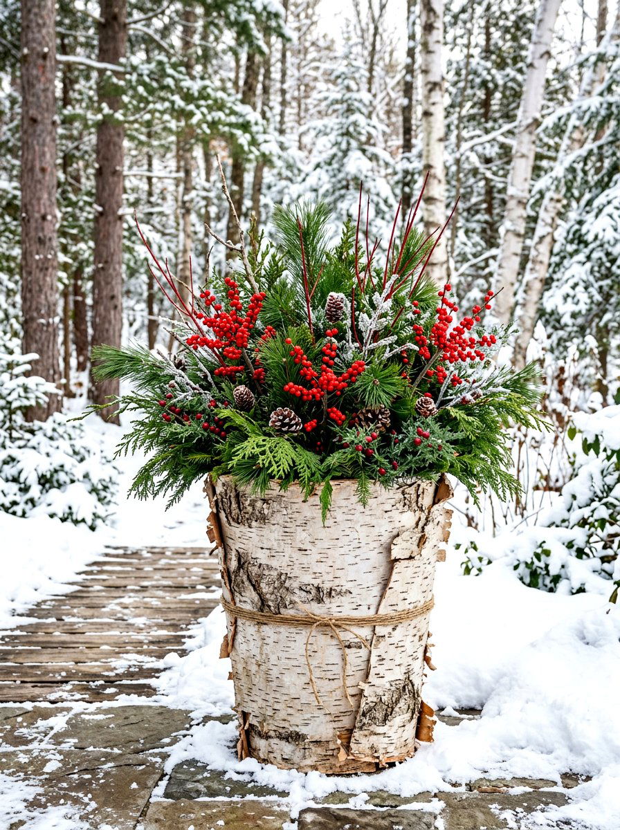 Birch Bark Wrapped Pots - 30 winter porch planter ideas