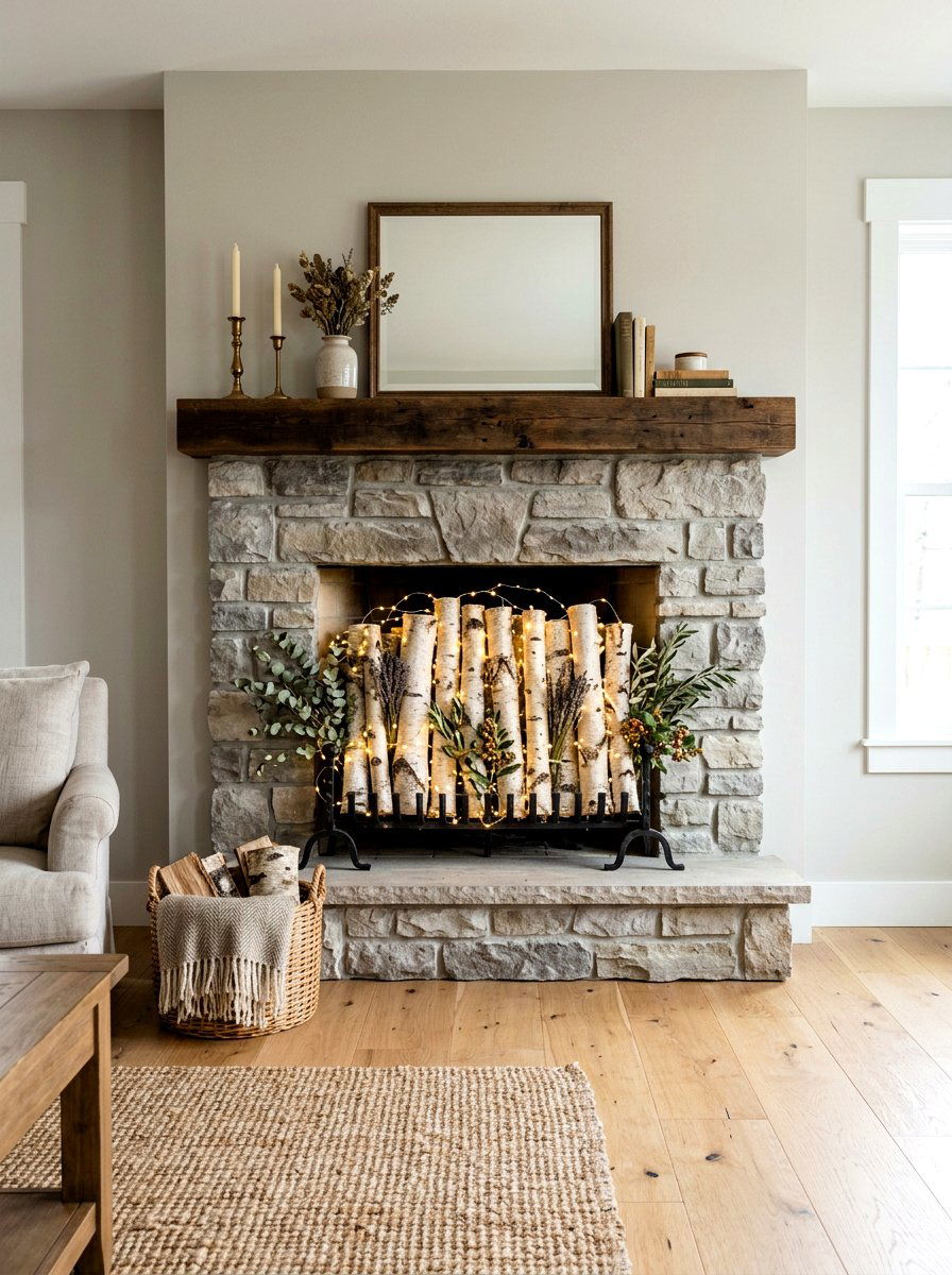 Birch Log Fireplace - 30 neutral holiday decor ideas