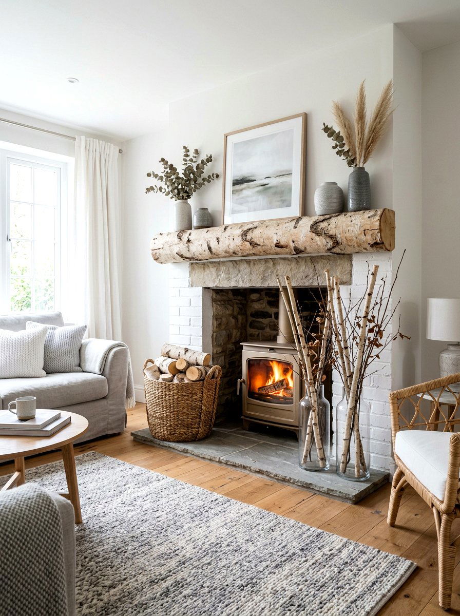 Birch Log Mantel - 30 winter mantel decor ideas