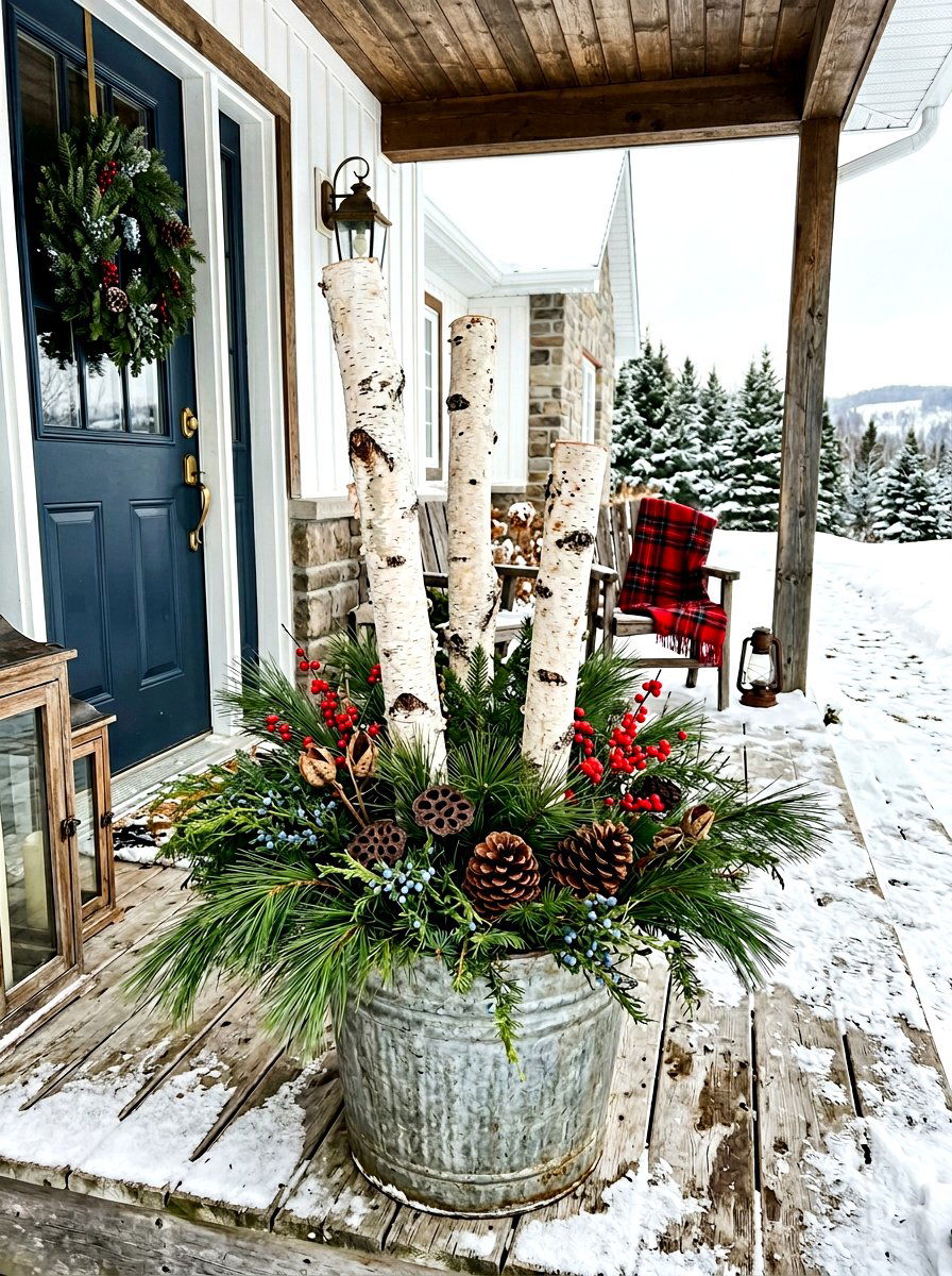 Birch Logs Pine Sprigs - 30 winter porch planter ideas
