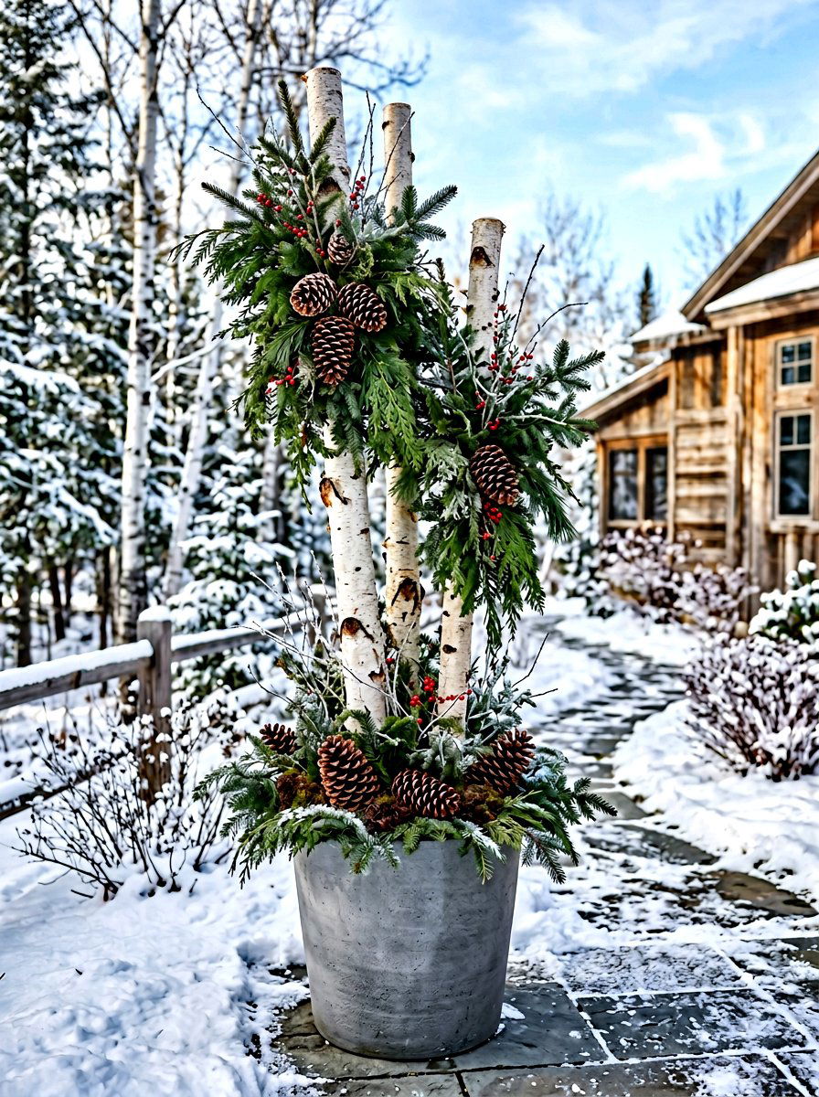 Birch Pole Arrangement - 30 winter container garden ideas