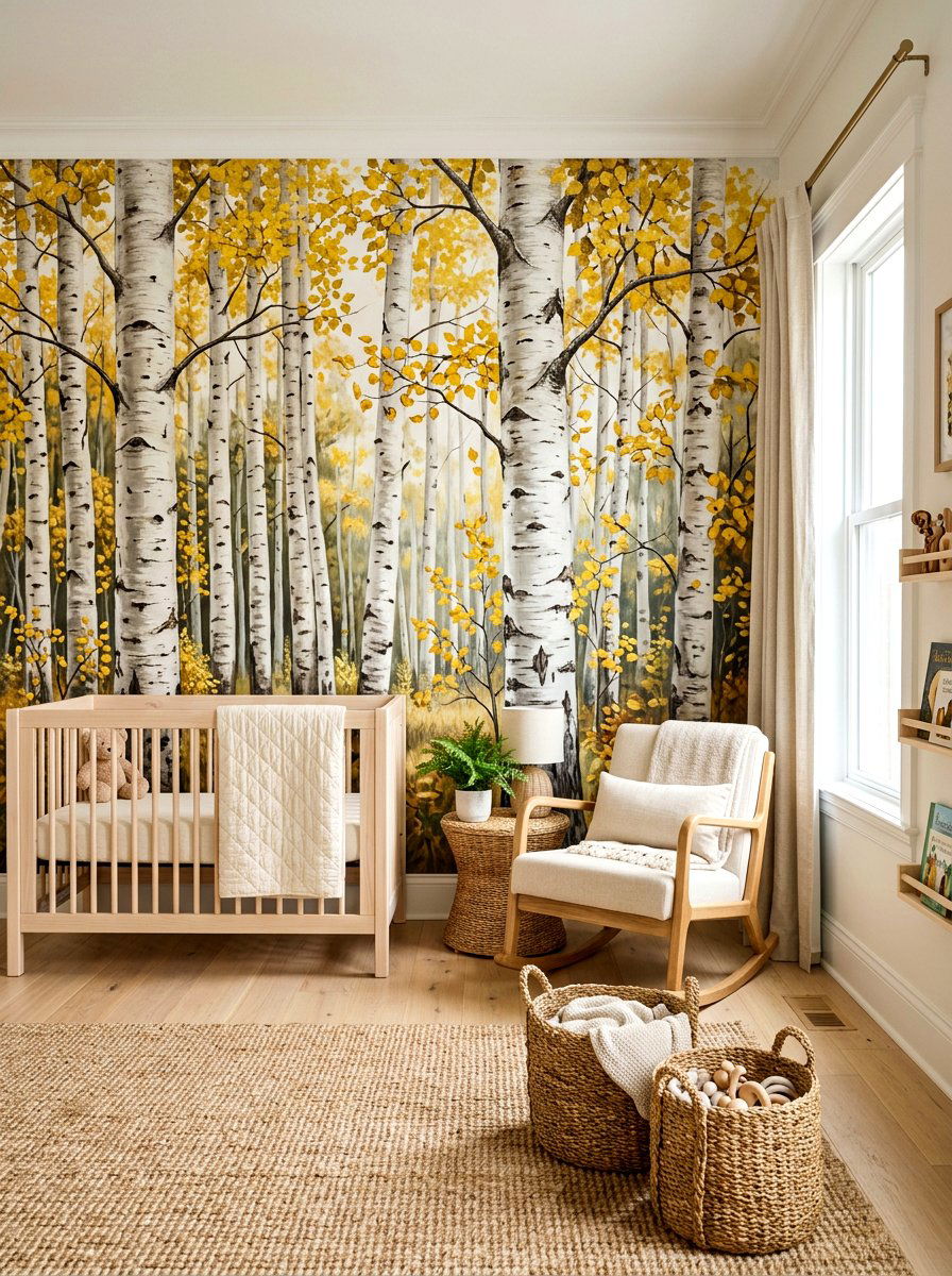 Birch Tree Nursery Wall Mural - 30 woodland wall mural nursery ideas
