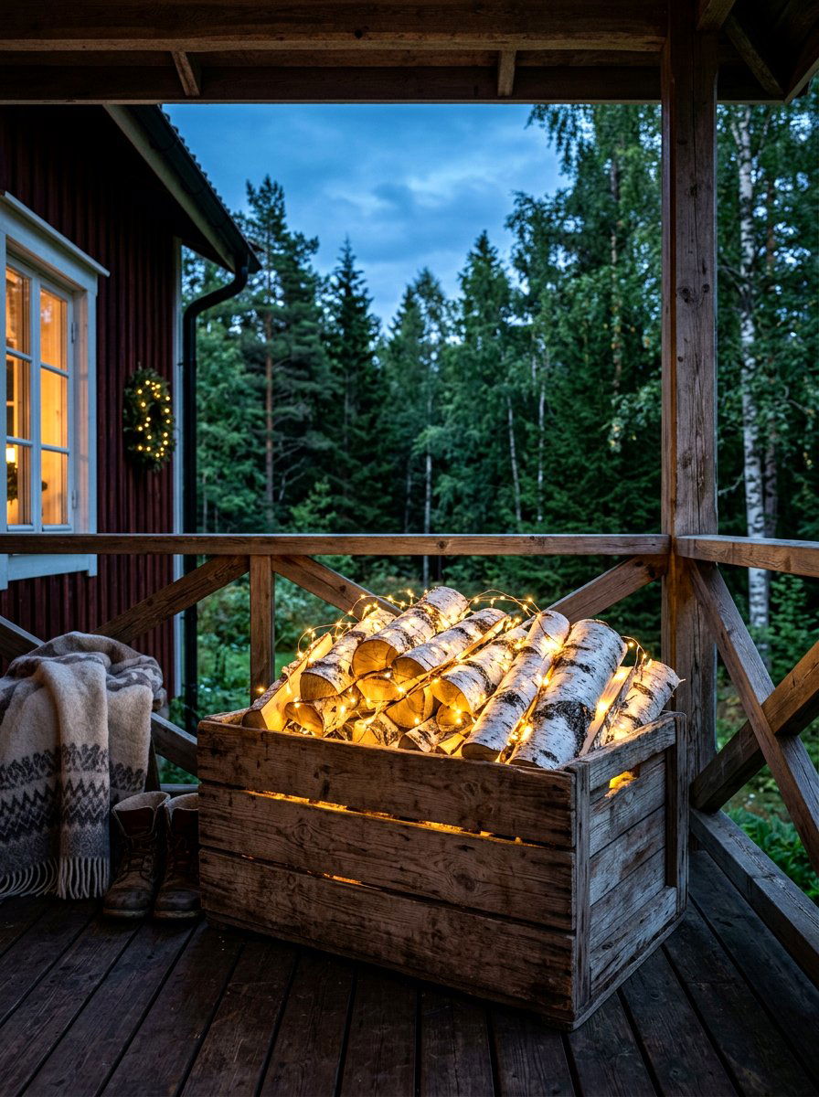 Birch logs with fairy lights - 30 front porch winter glow ideas