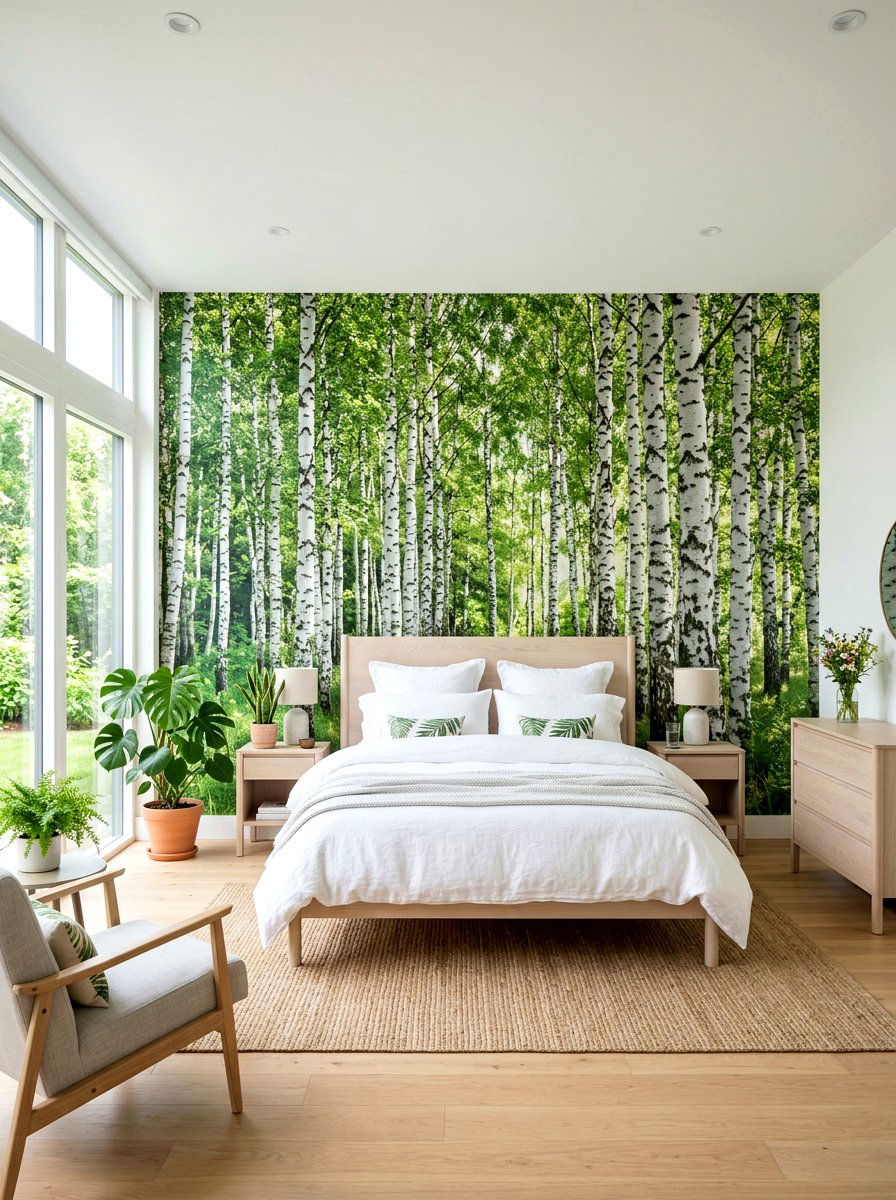 Birch tree forest wall mural - 30 landscape mural bedroom ideas