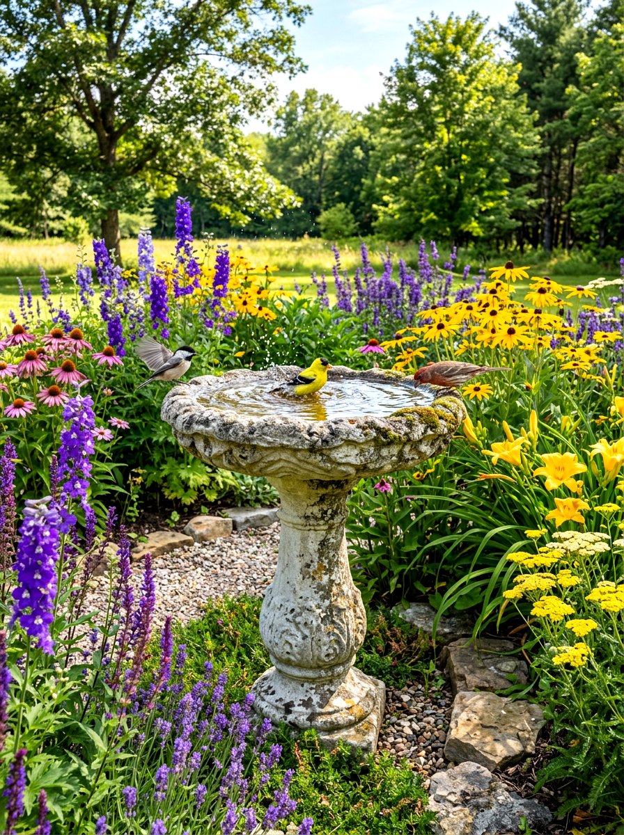 Bird Bath Garden Focal Point - 30 meadow style backyard ideas