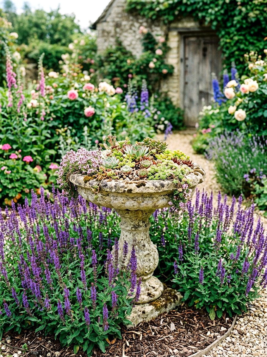 Bird Bath Planter - 30 container garden makeover ideas