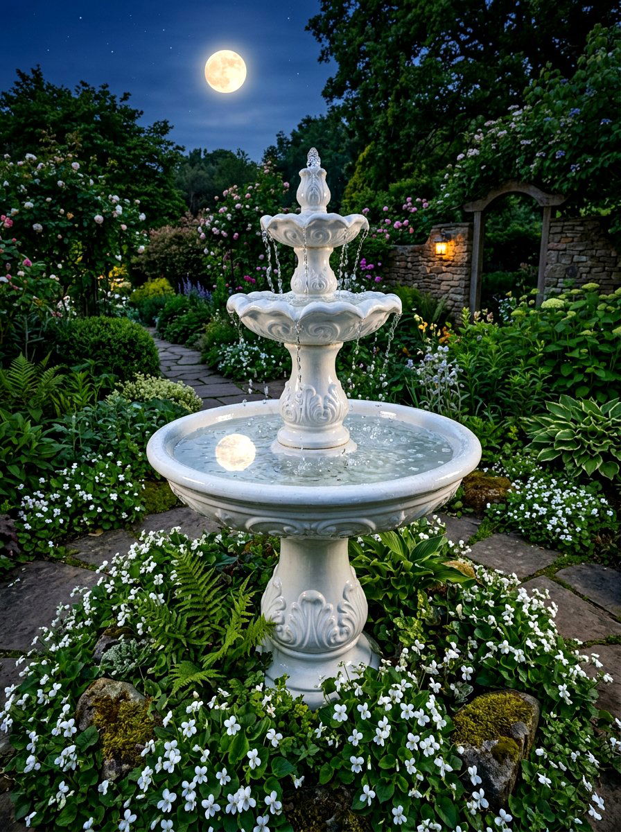Bird bath fountain - 30 moonlight backyard ideas