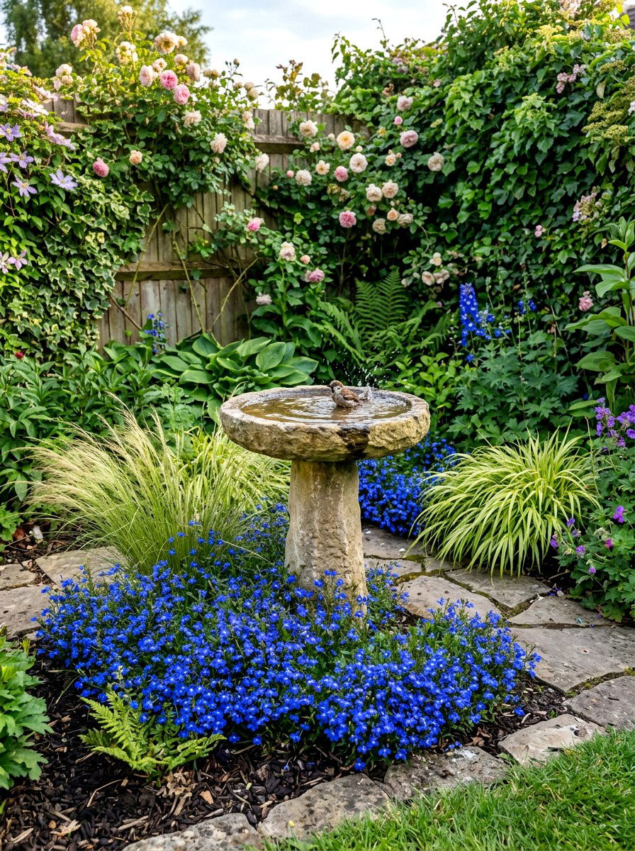 Bird bath garden corner - 30 corner flower bed ideas