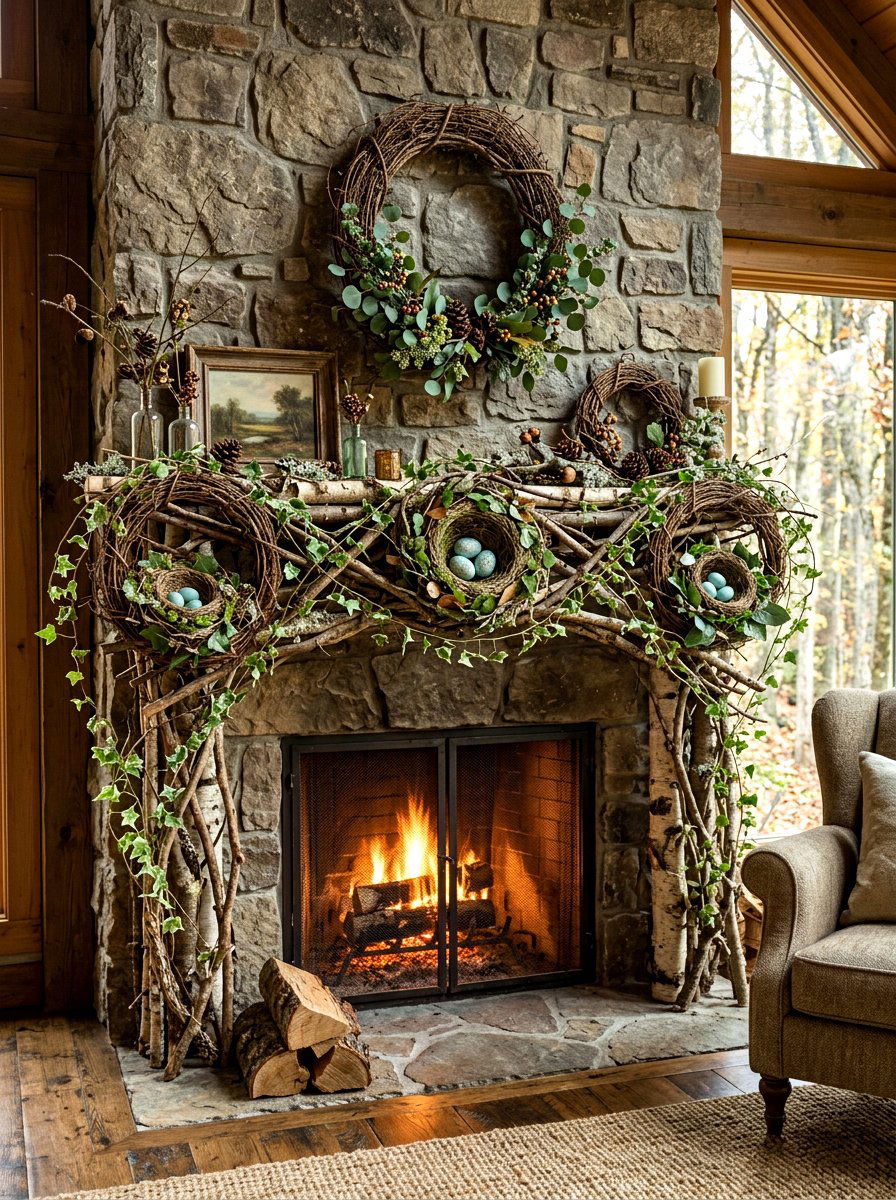Bird nest and twig mantel - 30 spring mantel decor ideas