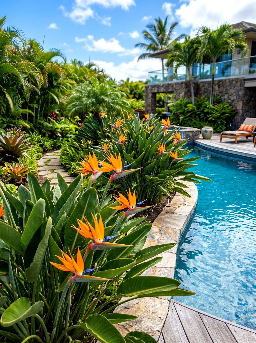Bird of paradise plants - 30 tropical pool landscaping ideas