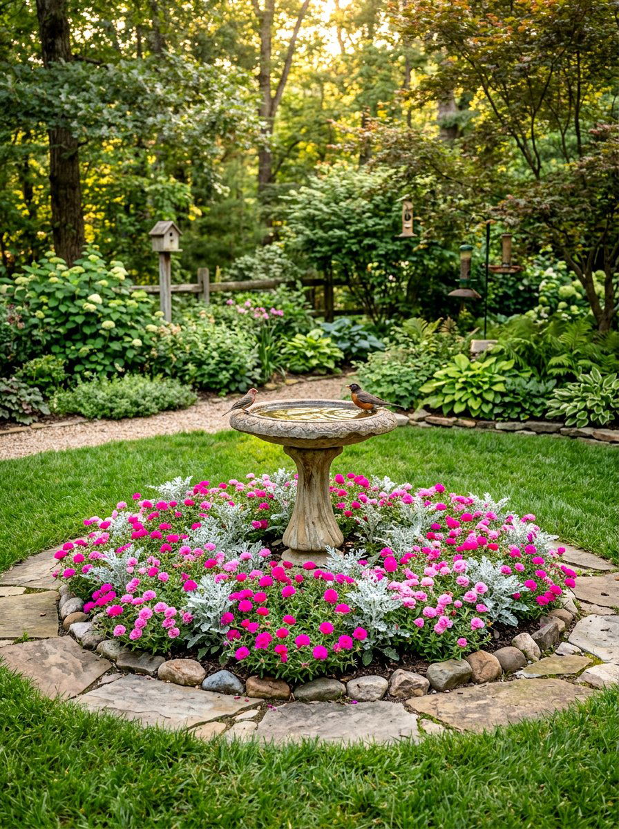 Birdbath Focal Flower Bed - 30 budget flower bed ideas