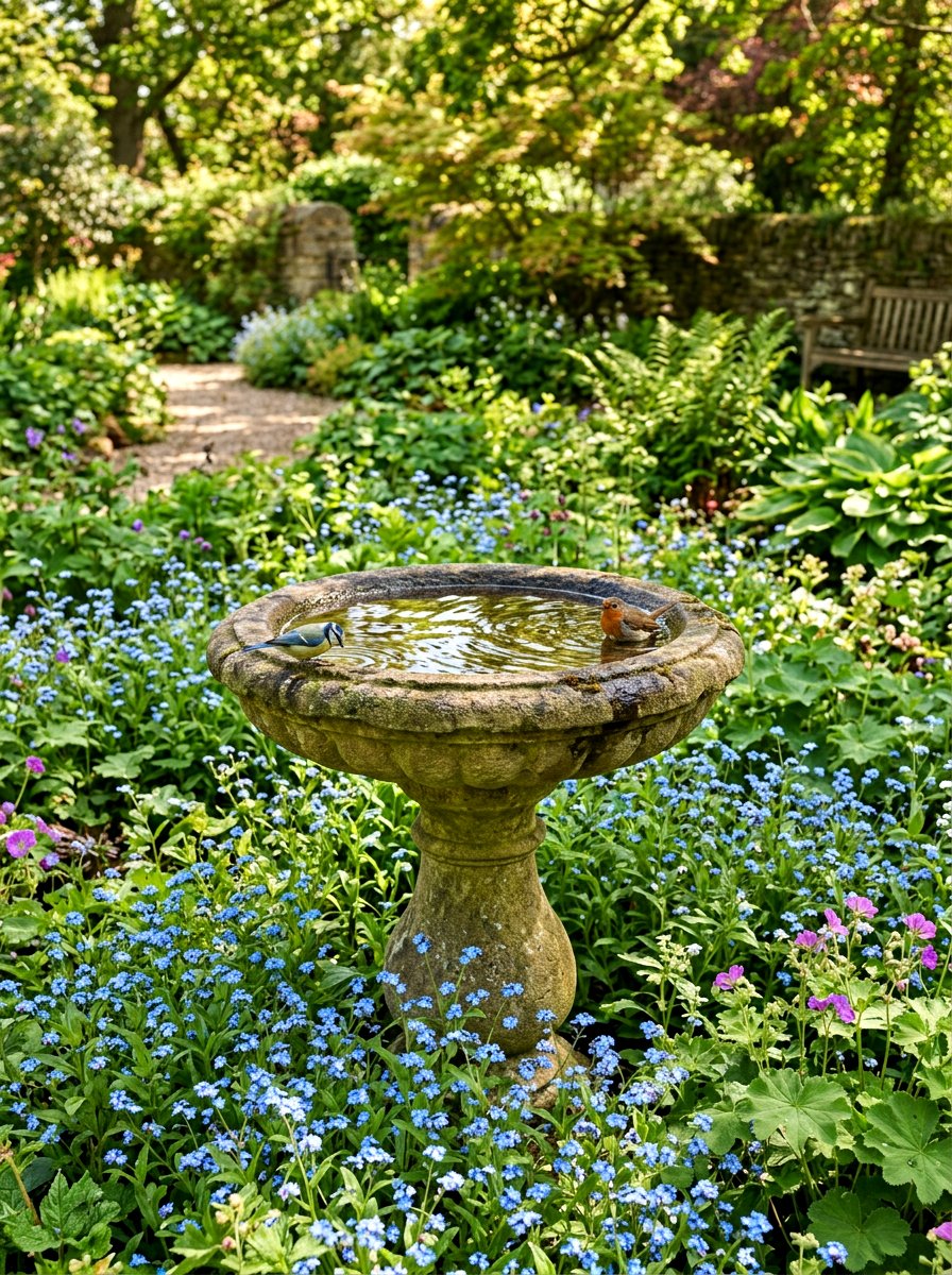 Birdbath Focal Point - 30 cottage landscaping ideas