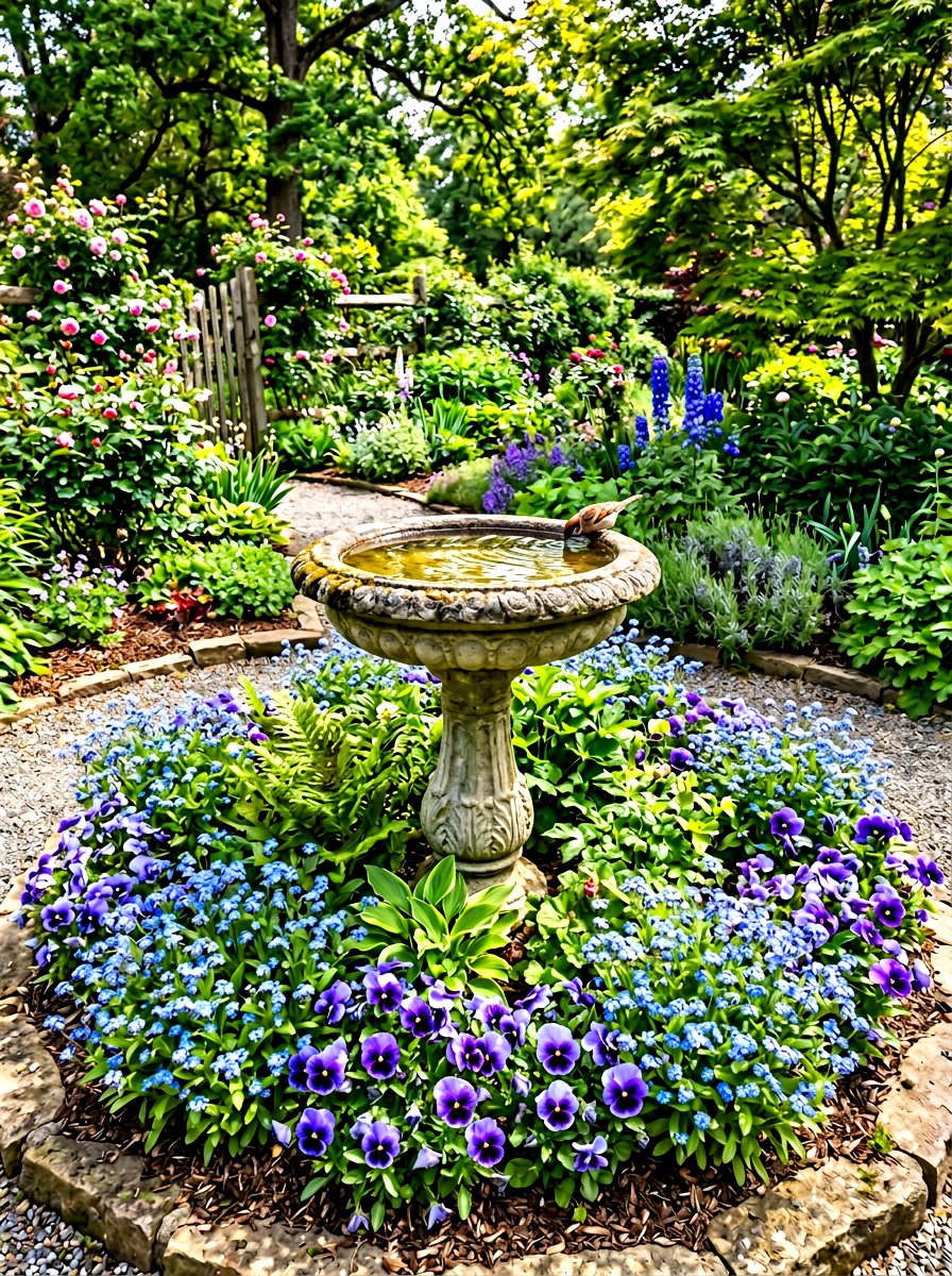 Birdbath Garden Centerpiece - 30 cottage flower bed ideas