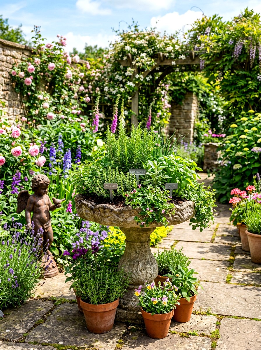 Birdbath Herb Garden - 30 patio herb garden ideas