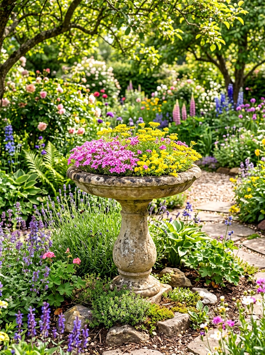 Birdbath flower garden - 30 flower container garden ideas
