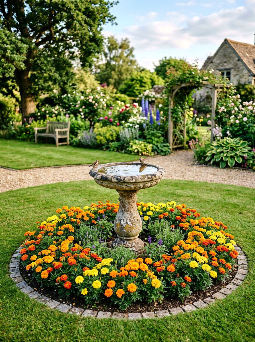 Birdbath garden focal point - 30 cottage front yard garden ideas