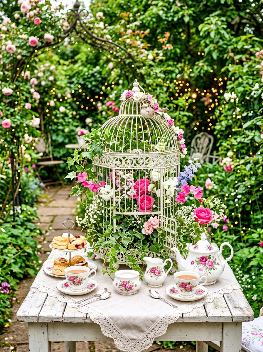 Birdcage Decorative Centerpiece - 30 English tea tablescape ideas