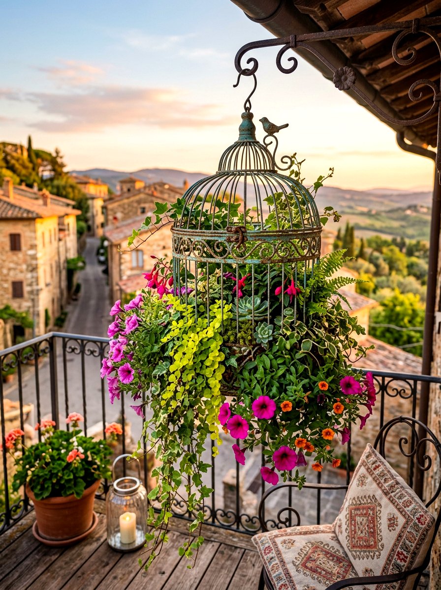 Birdcage Hanging Basket - 30 balcony vertical garden ideas