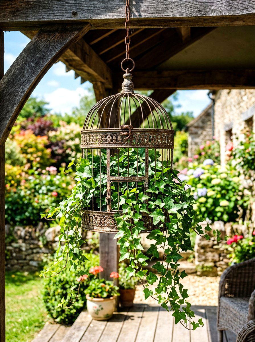 Birdcage Hanging Plant Display - 30 rustic vertical garden ideas