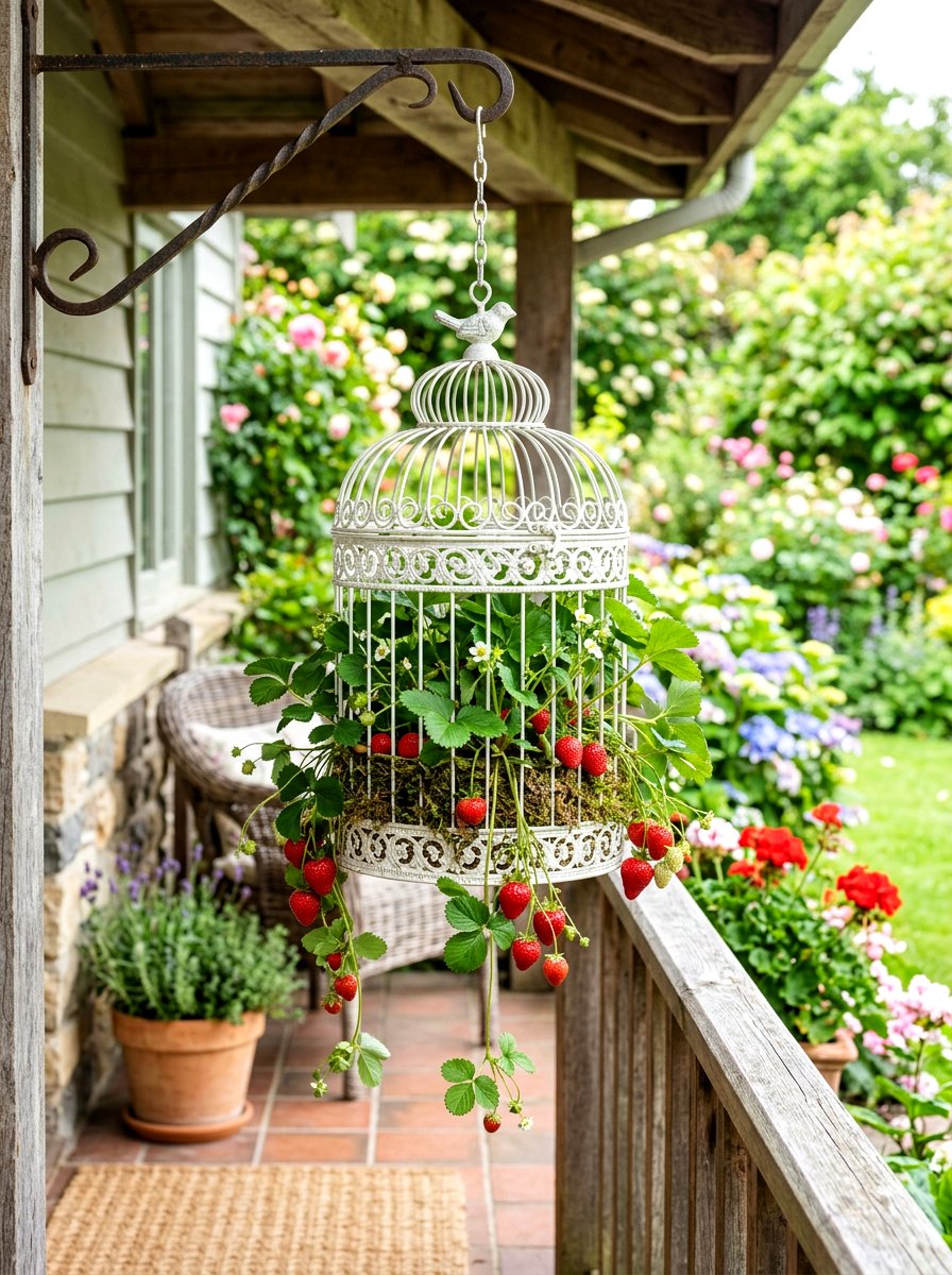 Birdcage Hanging Strawberry Planter - 30 strawberry tower ideas