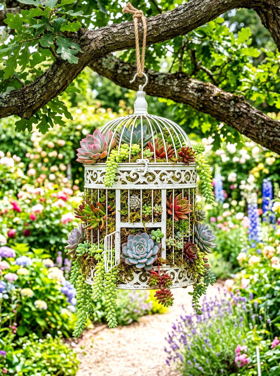 Birdcage Hanging Succulent Display - 30 vertical succulent garden ideas
