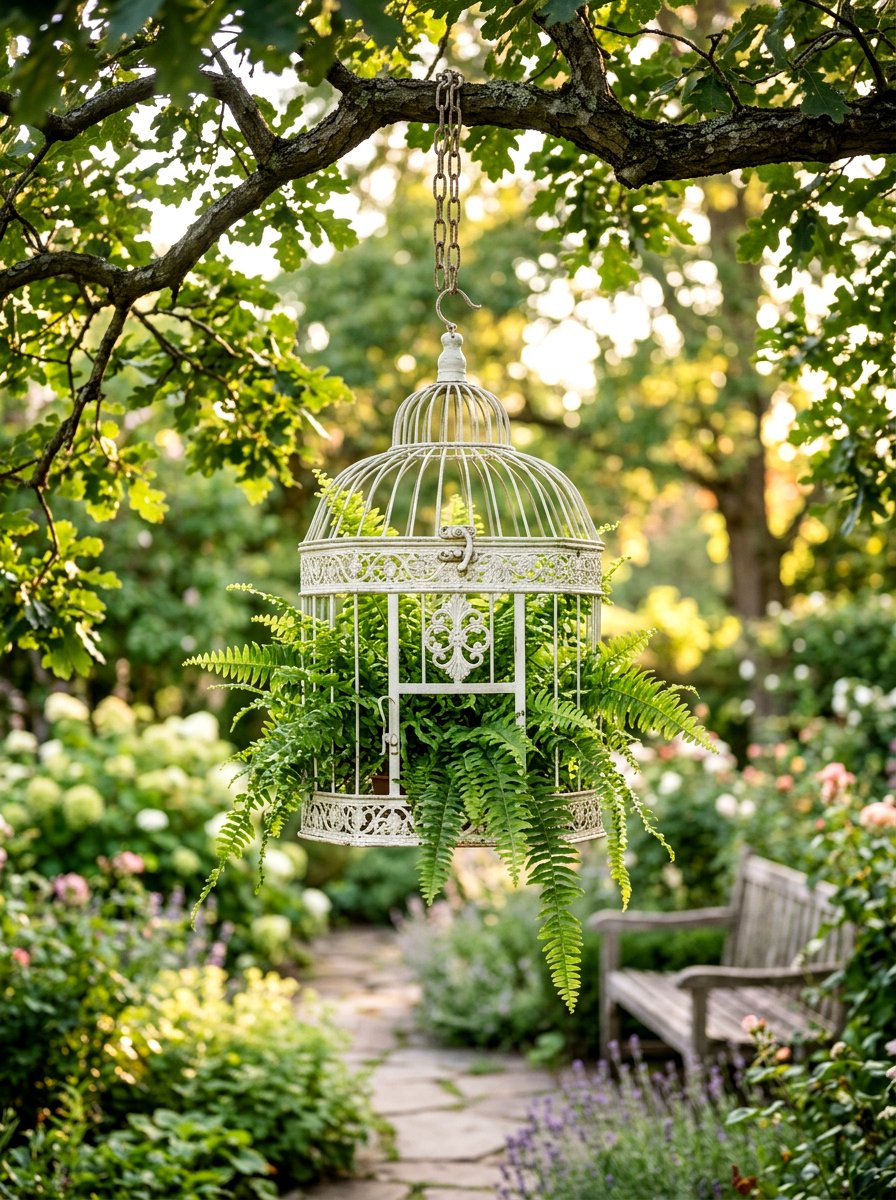 Birdcage Plant Hanger - 30 repurposed garden decor ideas