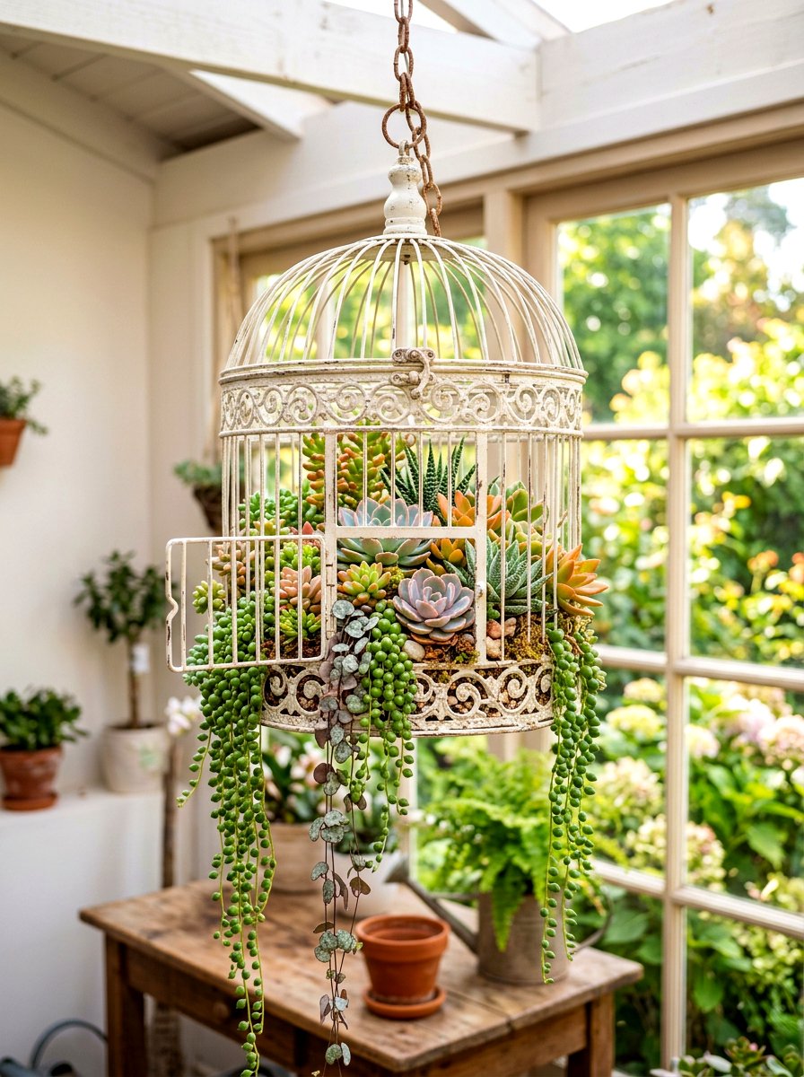Birdcage Succulent Garden - 30 indoor succulent garden ideas