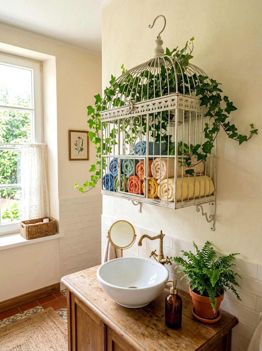 Birdcage Towel Rack - 30 fairycore bathroom ideas
