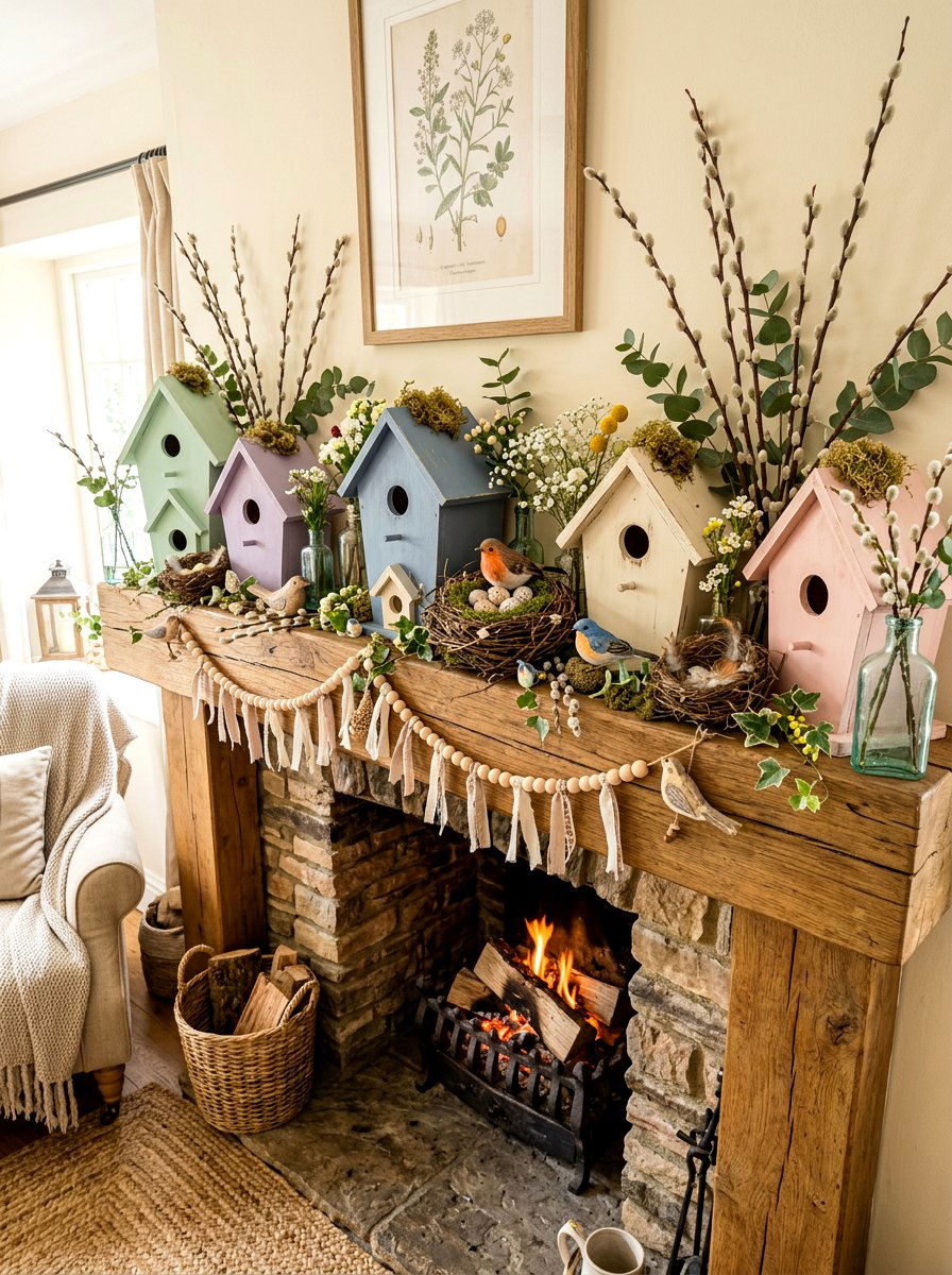Birdhouse And Nest Mantel - 30 spring mantel styling ideas