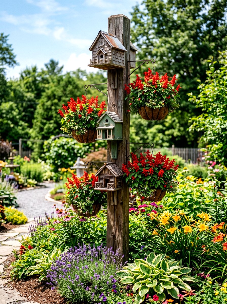 Birdhouse Flower Pole - 30 vertical flower garden ideas