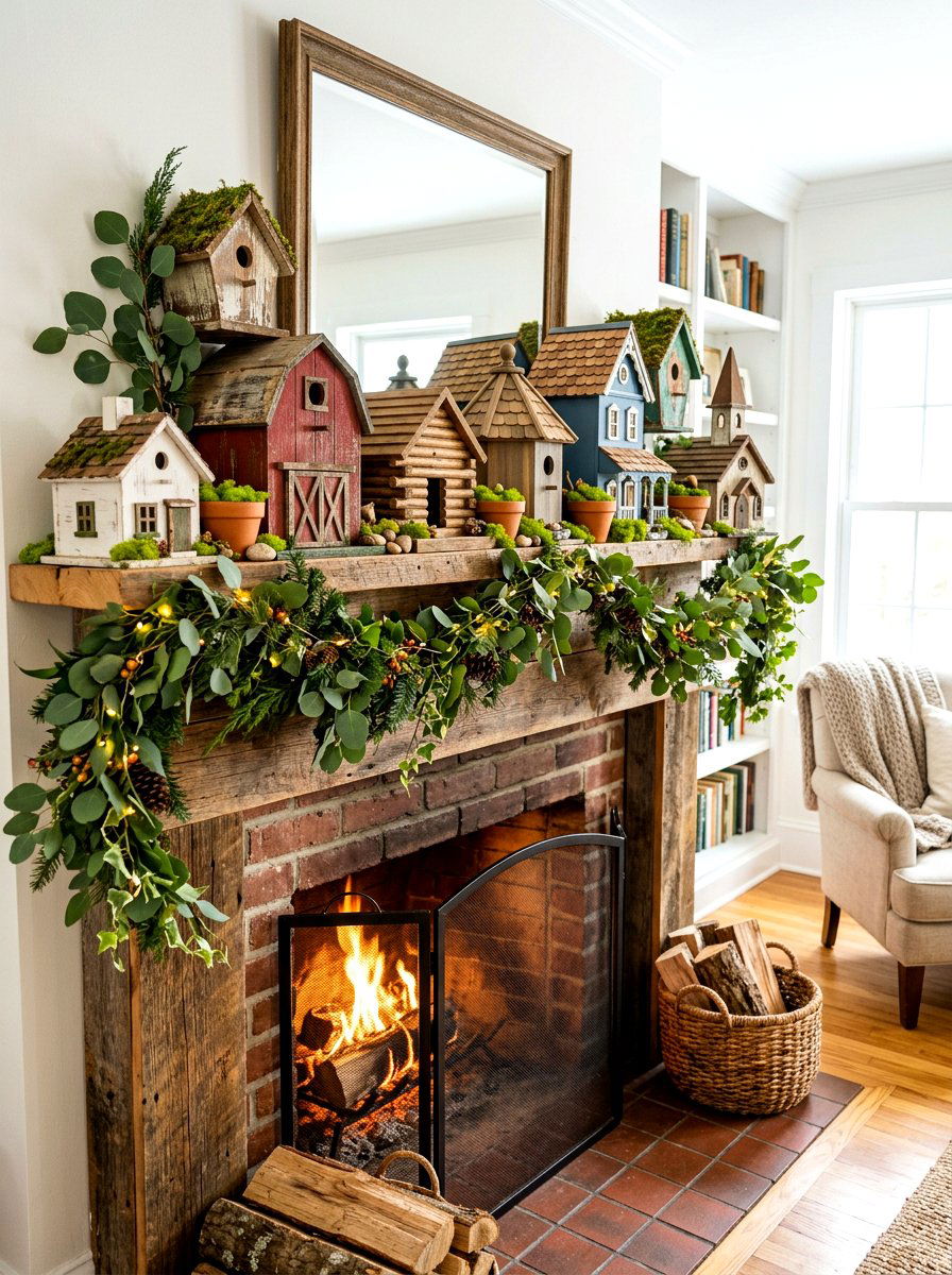 Birdhouse mantel decor - 30 garden inspired spring decor ideas