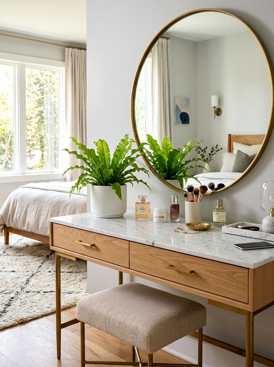 Birds nest fern vanity styling - 30 low light indoor plant decor ideas