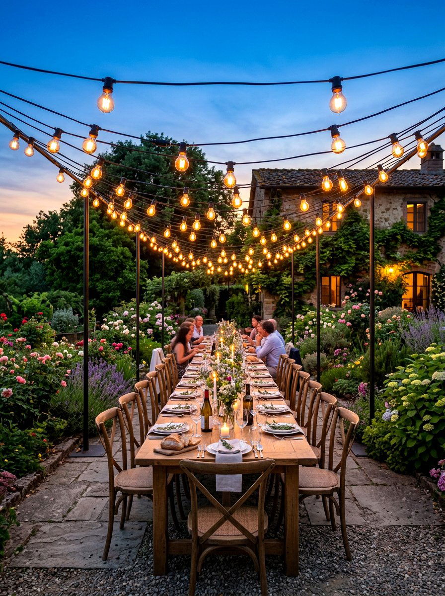 Bistro lighting arrangement - 30 bridal shower garden party ideas