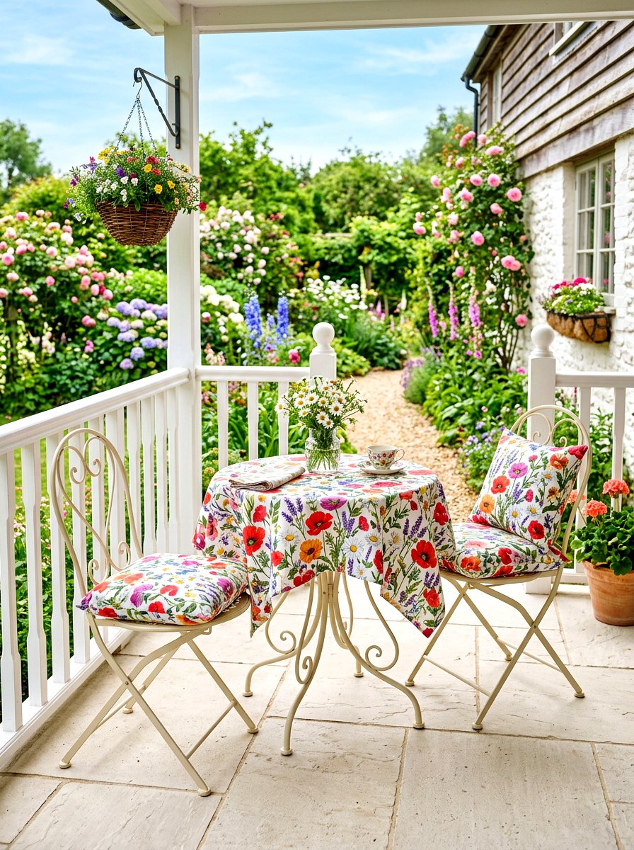 Bistro set with colorful linens - 30 spring porch layering ideas