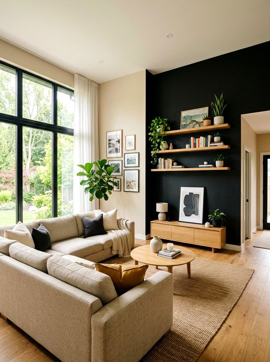 Black Accent Wall In Beige Living Room - 30 black and beige living room ideas