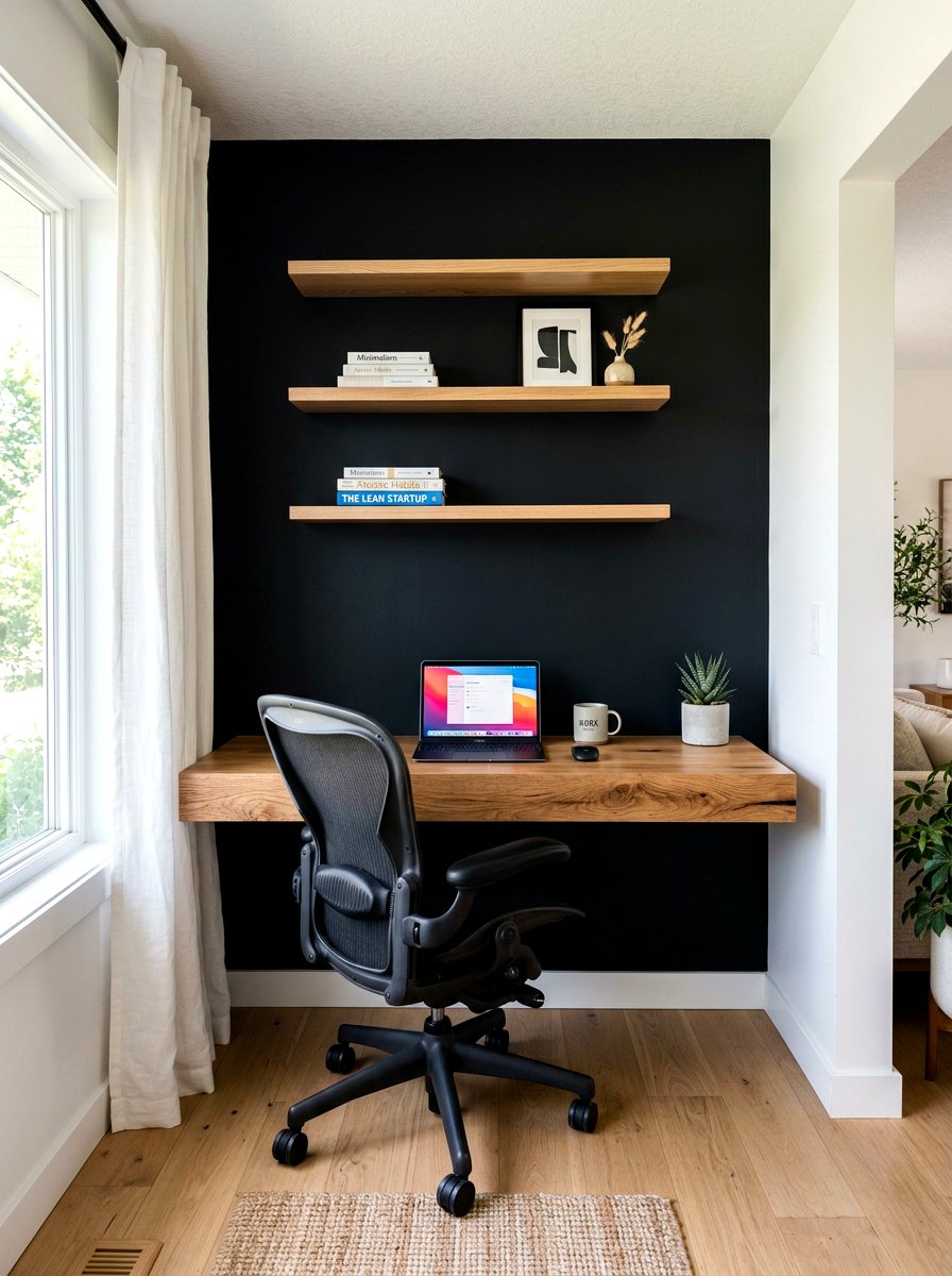 Black Accent Wall Wood Floating Desk - 30 black and wood decor ideas