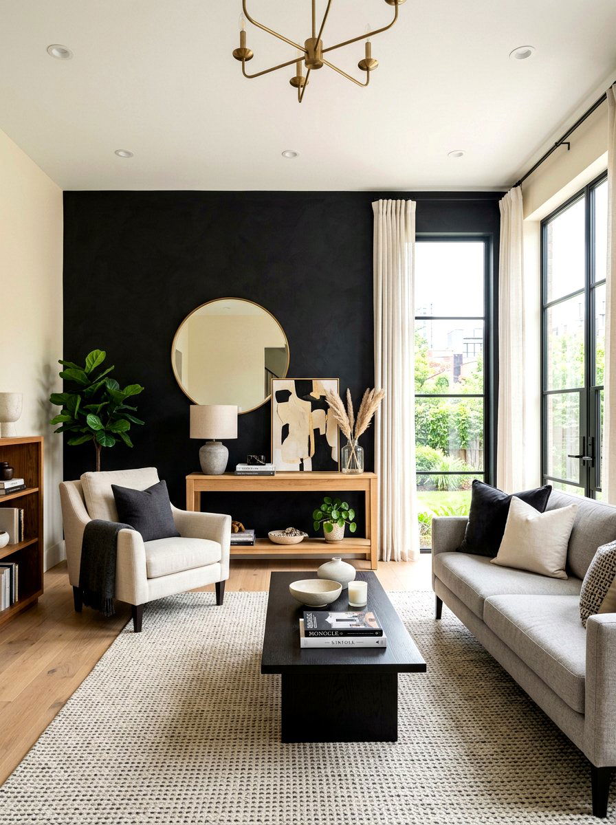 Black Accent Wall in Cream Living Room - 30 black and cream living room ideas